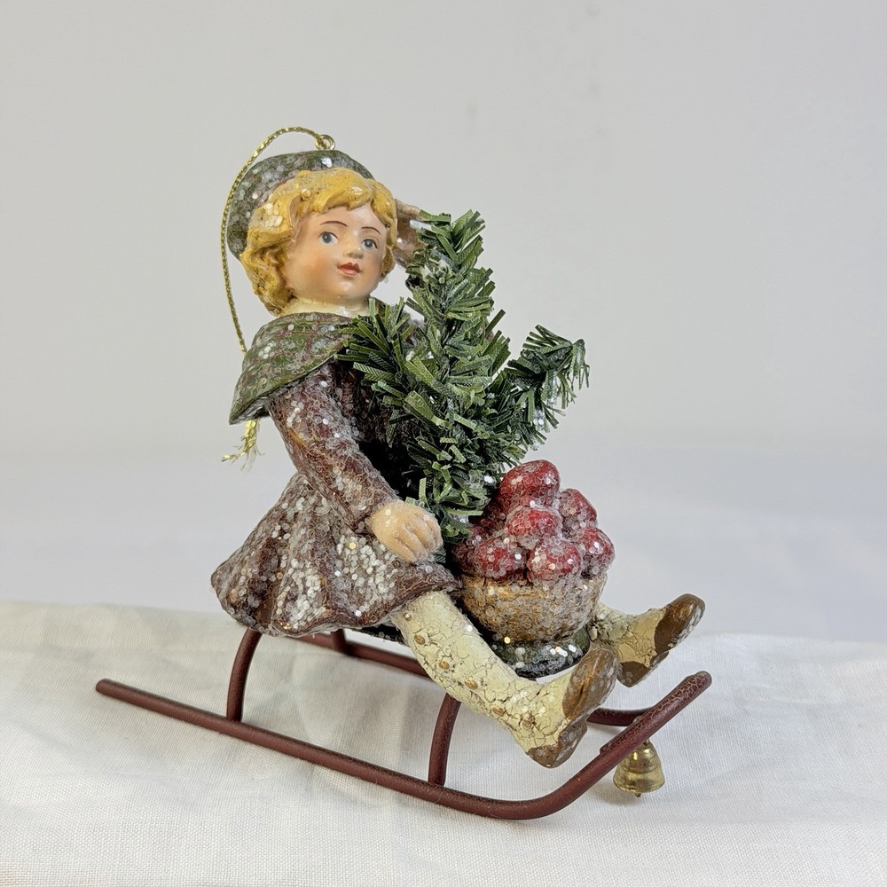 Bethany Lowe Designs Ornament Jessica On Sled Christmas Tree Sugar Sparkle Vtg